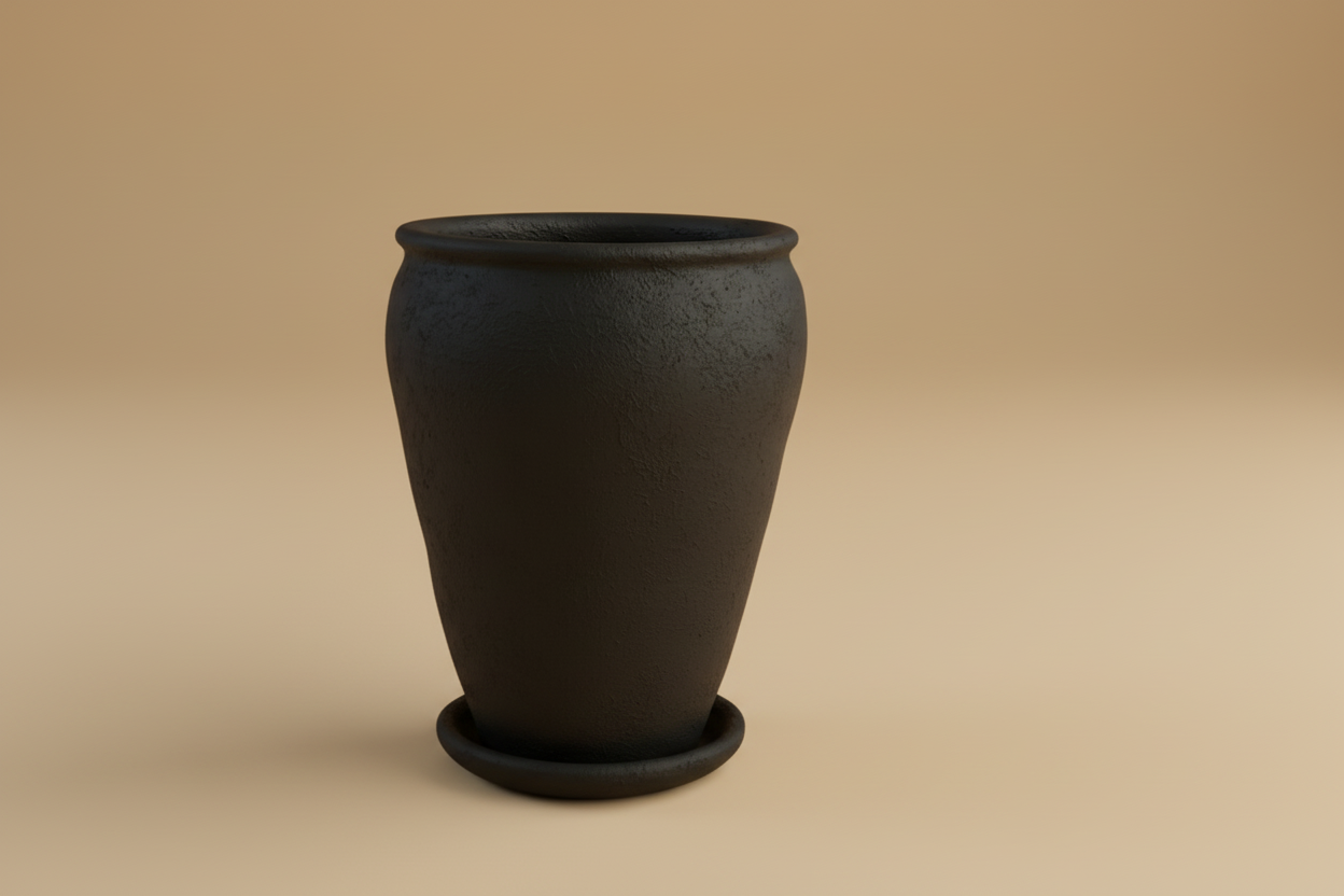 Black textured vintage clay planter with saucer, 65cm height and 50cm diameter, suitable for large indoor plants