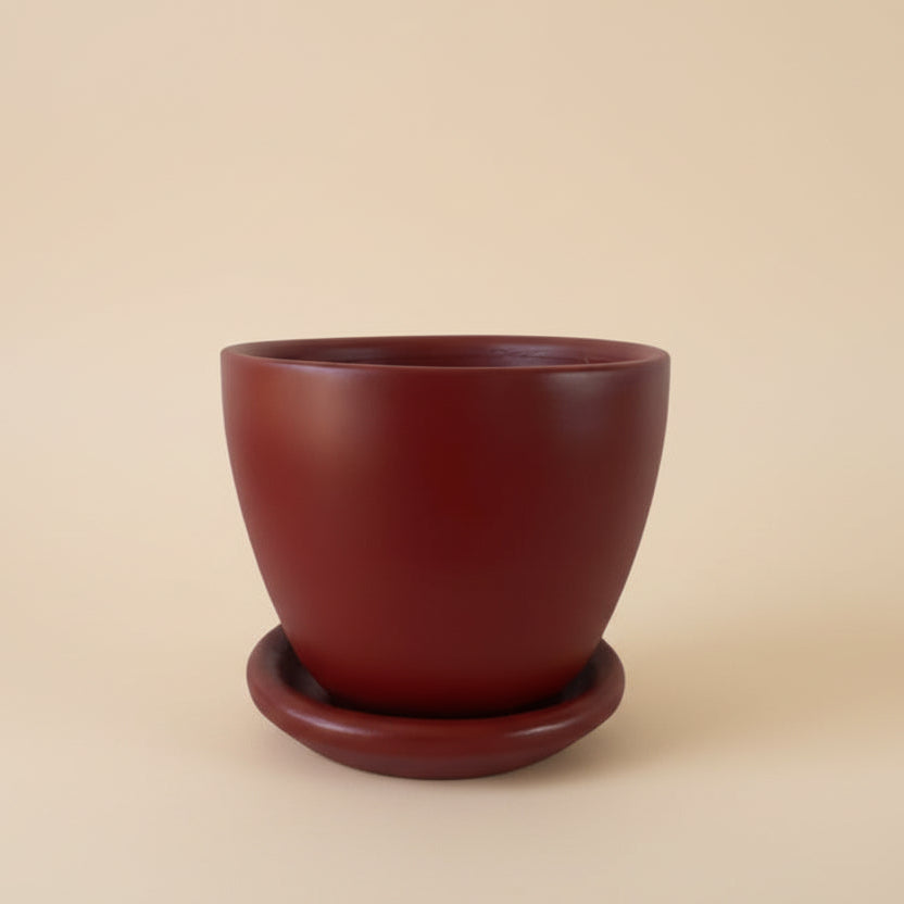 Burgundy deep red clay plant pot with saucer, 25cm, also available in 30cm and 40cm