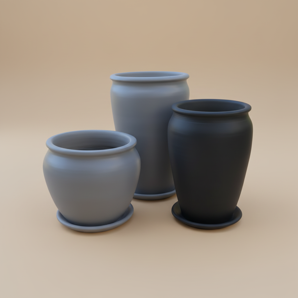 Vintage clay planter trio set with two grey pots and one black pot, 65cm 50cm 
80cm