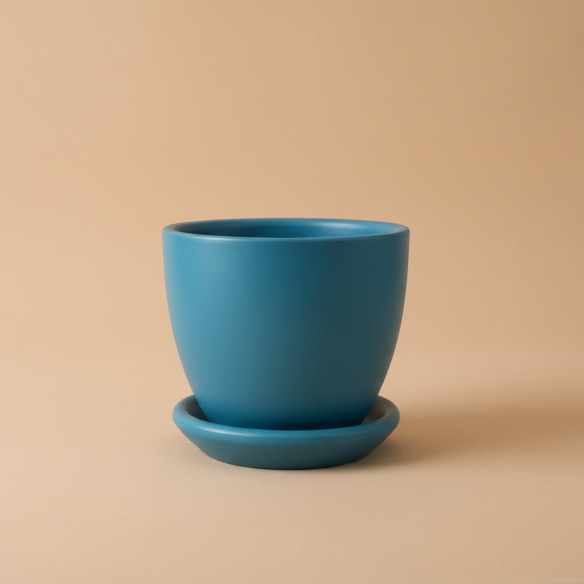 Teal clay plant pot with matching saucer, 25cm, also available in 30cm, 40cm and 50cm