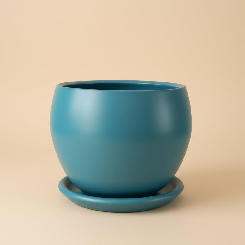 Teal 40cm curvy clay plant pot with saucer, available in multiple sizes
