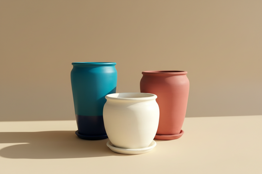 Autumn tone vintage clay planter trio set with large pots
