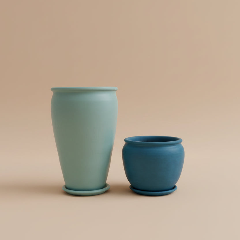 Sky blue and teal vintage clay planter duo set with 80cm and 50cm pots
