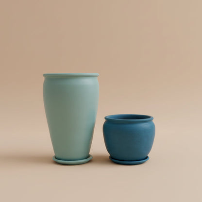 Sky blue and teal vintage clay planter duo set with 80cm and 50cm pots
