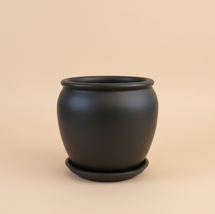 Black vintage clay plant pot with saucer, 50cm, also available in multiple colors
