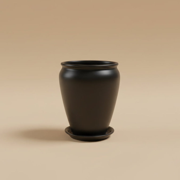 Black vintage clay planter with saucer, 65cm height and 50cm diameter, suitable for large indoor plants
