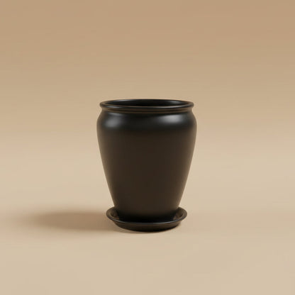Black vintage clay planter with saucer, 65cm height and 50cm diameter, suitable for large indoor plants
