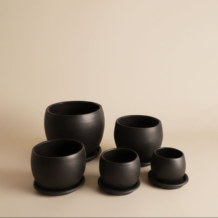 Set of black curvy clay plant pots with saucers in different sizes 