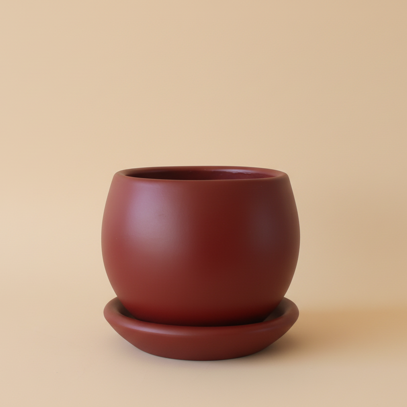 Burgundy deep red curvy clay plant pot with saucer, 25cm, also available in 30cm and 40cm