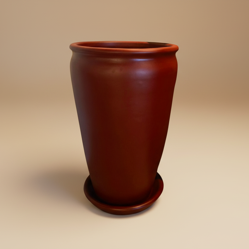 Burgundy deep red vintage clay planter with saucer, 80cm height and 50cm diameter, large indoor plant pot

