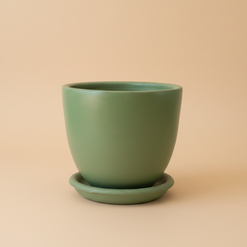 Earth Green clay plant pot with matching saucer, 25cm, also available in 30cm, 40cm and 50cm
