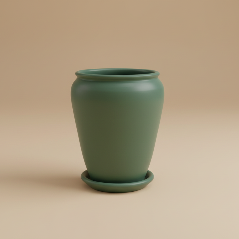 Earth green vintage clay planter with saucer, 65cm height and 50cm diameter, suitable for large indoor plants
