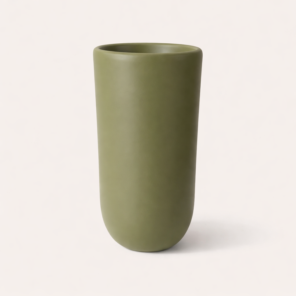 Earth green fiberglass planter with smooth finish, tall 70cm planter with 40cm diameter suitable for indoor and outdoor plants
