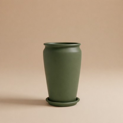 Earth green vintage clay planter with saucer, 80cm height and 50cm diameter, large indoor plant pot
