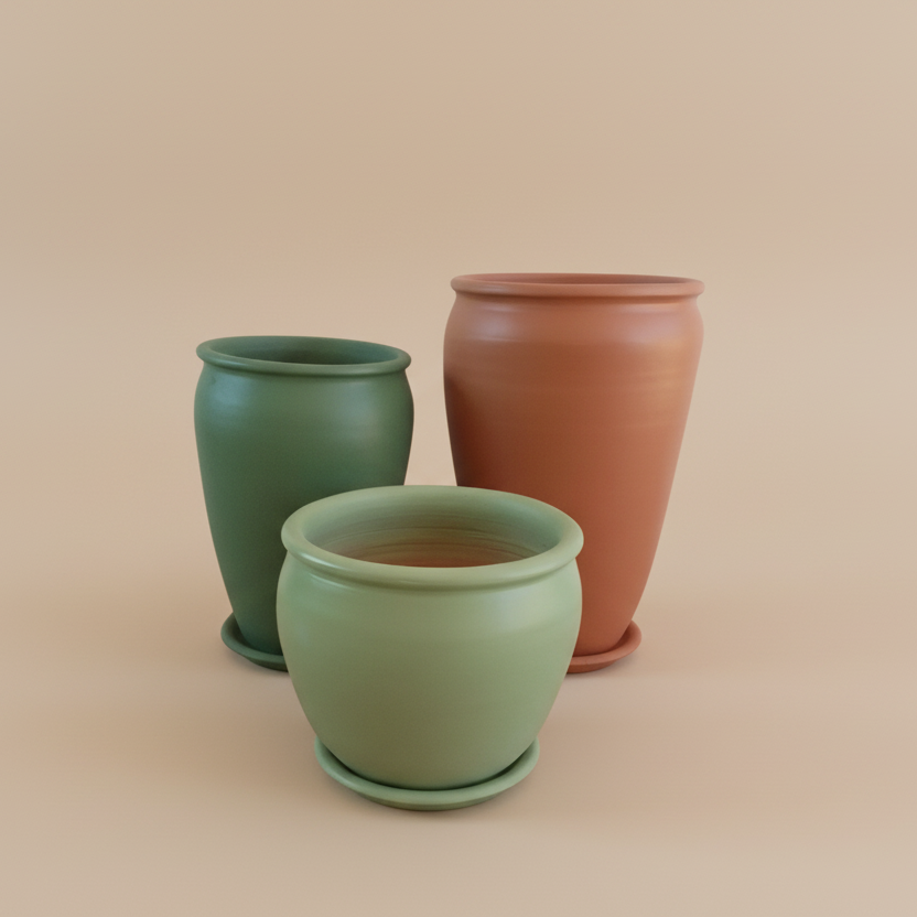 Earth tone vintage clay planter trio set with large pots

