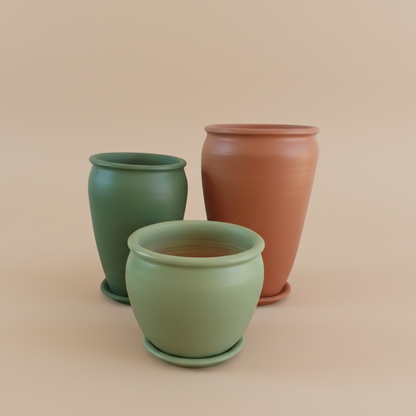 Earth tone vintage clay planter trio set with large pots

