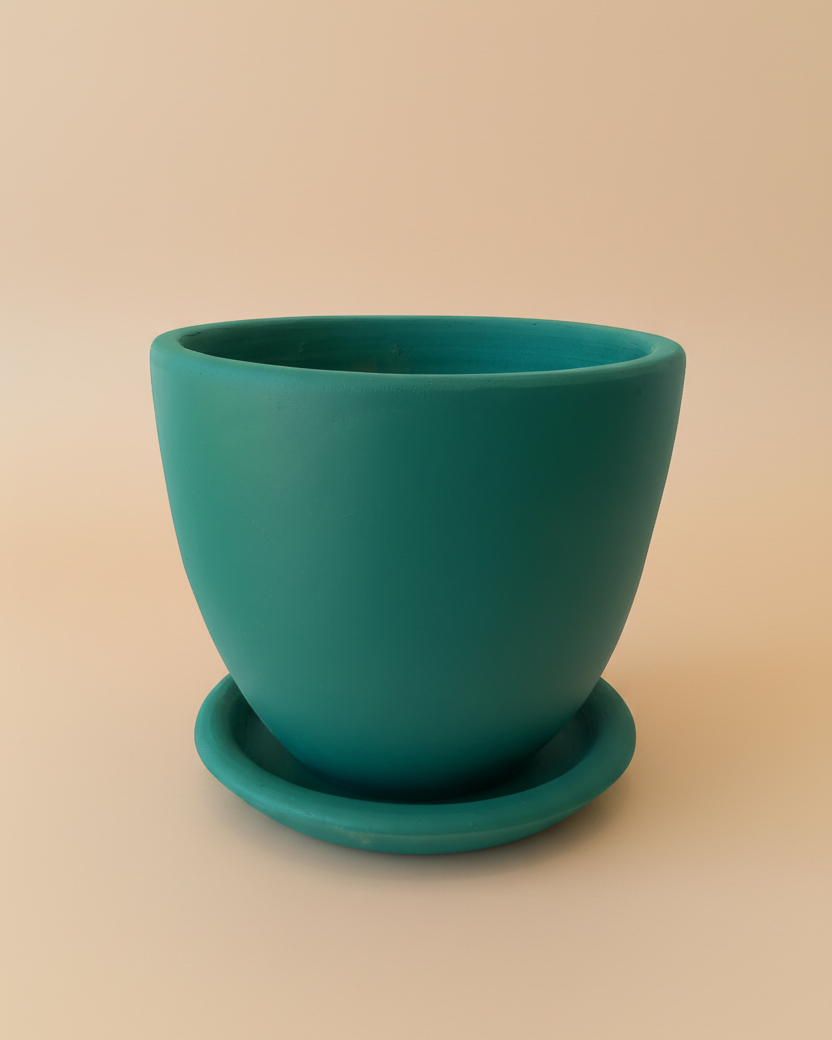 Green clay plant pot with matching saucer, 25cm, also available in 30cm, 40cm and 50cm