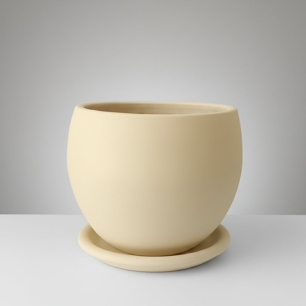Ivory beige curvy clay plant pot with saucer, 25cm, also available in 30cm and 40cm