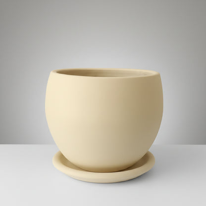 Ivory beige curvy clay plant pot with saucer, 25cm, also available in 30cm and 40cm