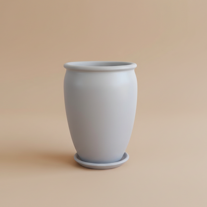 Light grey vintage clay planter with saucer, 65cm height and 50cm diameter, suitable for large indoor plants
