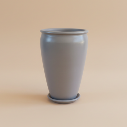 Light grey vintage clay planter with saucer, 80cm height and 50cm diameter, large indoor plant pot
