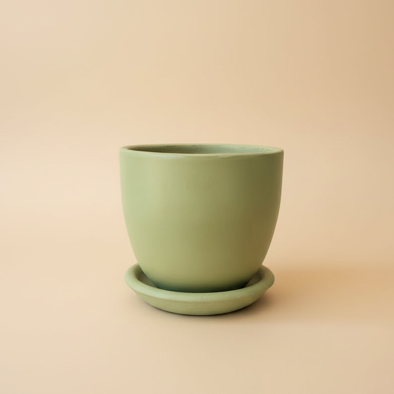 Olive green clay plant pot with matching saucer, 25cm, also available in 30cm, 40cm and 50cm