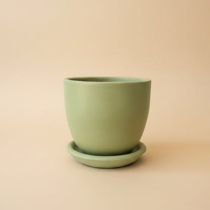 Olive green clay plant pot with matching saucer, 25cm, also available in 30cm, 40cm and 50cm