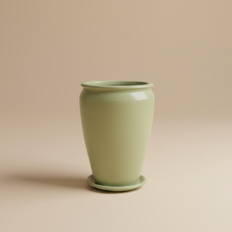 Olive green vintage clay planter with saucer, 65cm height and 50cm diameter, suitable for large indoor plants
