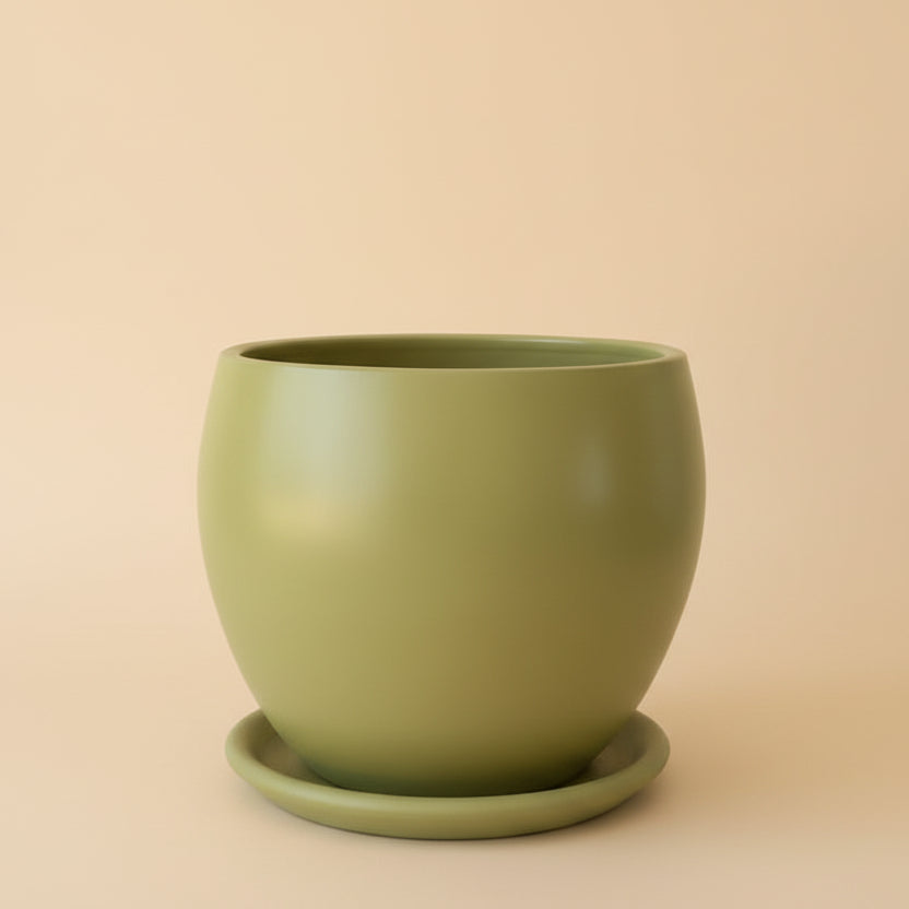 Olive green curvy clay plant pot with saucer, 25cm, also available in 30cm and 40cm