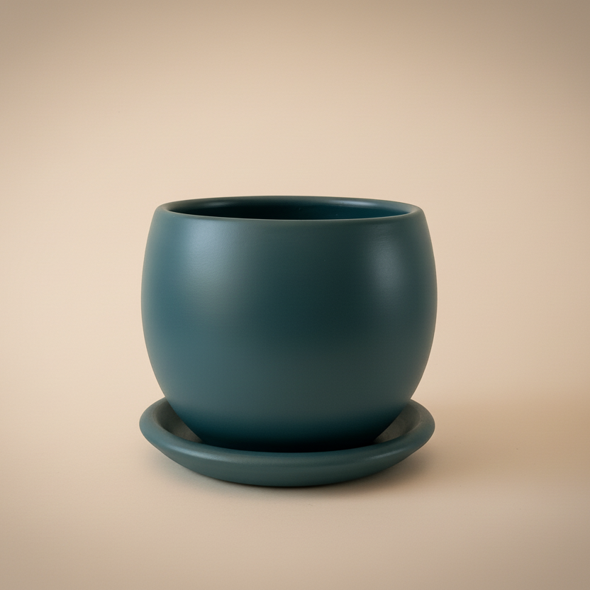 Petrol blue 25cm curvy clay plant pot with saucer, available in 30cm and 40cm sizes