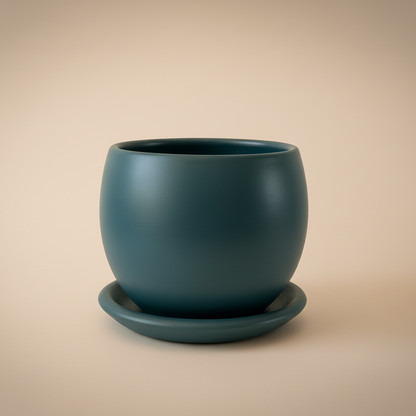 Petrol blue 25cm curvy clay plant pot with saucer, available in 30cm and 40cm sizes