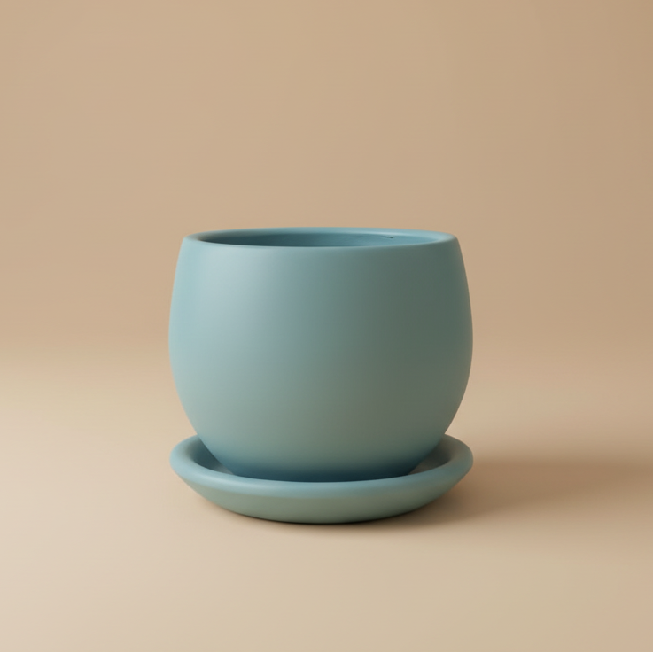 Sky blue turquoise curvy clay plant pot with saucer, 25cm, also available in 30cm and 40cm
