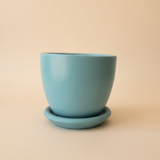 Sky blue turquoise speckled clay plant pot with saucer, 25cm, also available in 30cm and 40cm