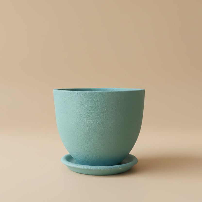Sky blue turquoise textured clay plant pot with saucer, 25cm, also available in 30cm and 40cm