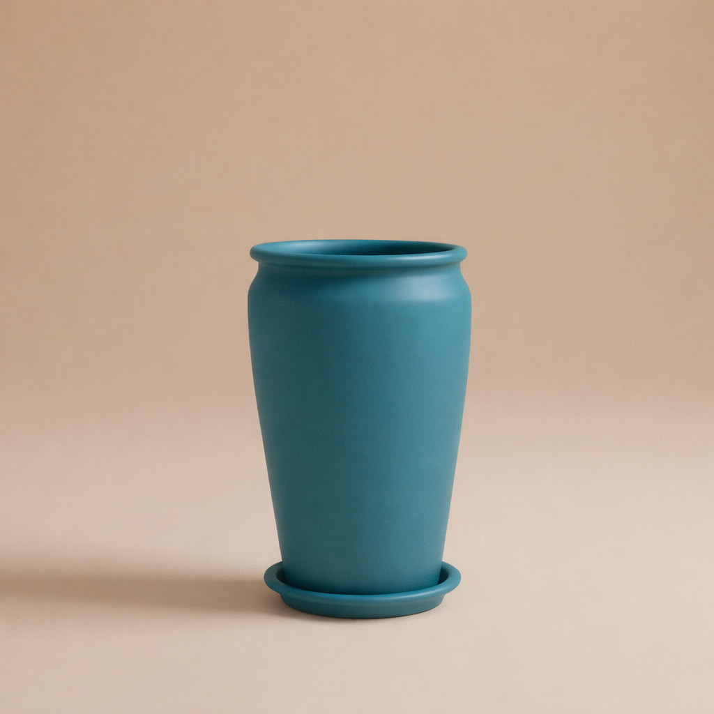 Teal vintage clay planter with saucer, 65cm height and 50cm diameter, suitable for large indoor plants
