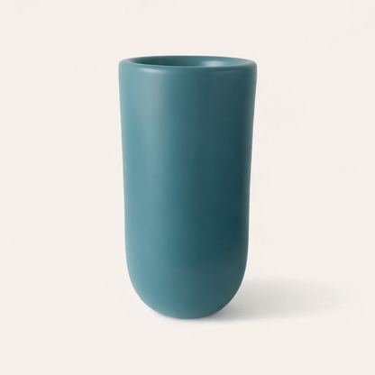 Teal fiberglass planter with smooth finish, tall 70cm planter with 40cm diameter suitable for indoor and outdoor plants
