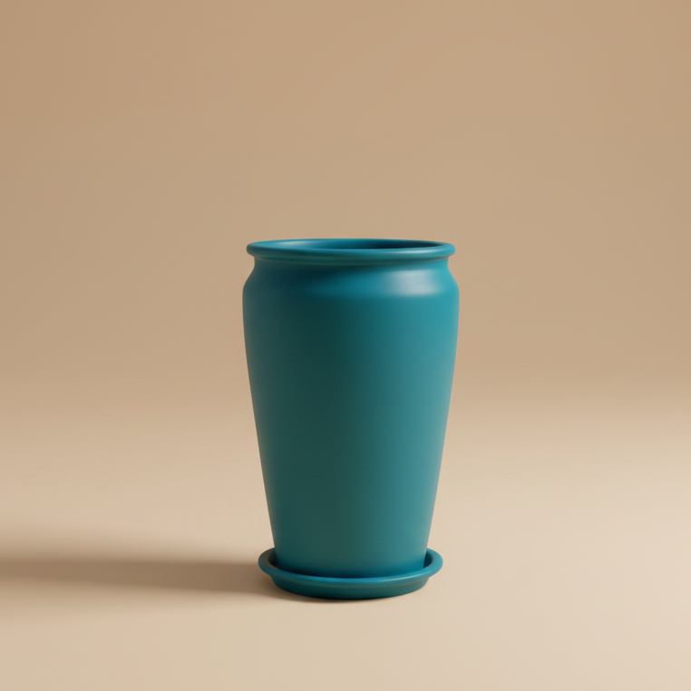 Teal vintage clay planter with saucer, 80cm height and 50cm diameter, large indoor plant pot
