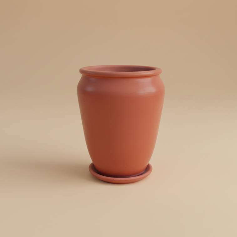 Terracotta vintage clay planter with saucer, 65cm height and 50cm diameter, suitable for large indoor plants
