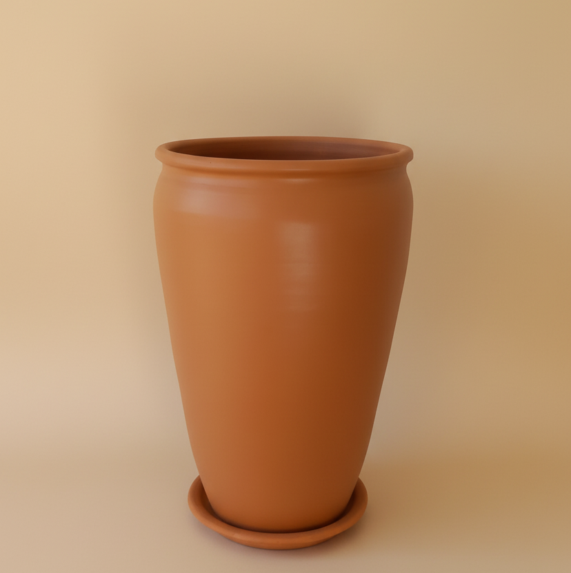 Terracotta vintage clay planter with saucer, 80cm height and 50cm diameter, large indoor plant pot
