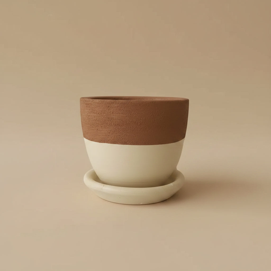 Two tone ivory and terracotta clay plant pot with matching saucer, 25cm, also available in 30cm, 40cm and 50cm