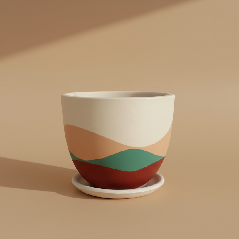 Waves ivory clay plant pot with multicolor wave design and matching saucer, 25cm, also available in 30cm, 40cm and 50cm