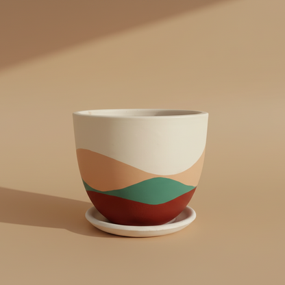 Waves ivory clay plant pot with multicolor wave design and matching saucer, 25cm, also available in 30cm, 40cm and 50cm