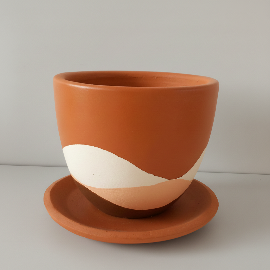 Waves terracotta clay plant pot with white wave design and matching saucer, 25cm, also available in 30cm, 40cm and 50cm