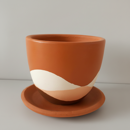 Waves terracotta clay plant pot with white wave design and matching saucer, 25cm, also available in 30cm, 40cm and 50cm