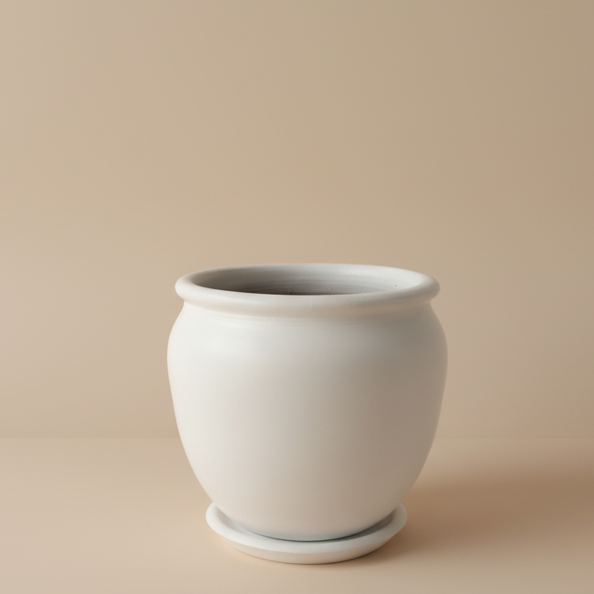 White vintage clay plant pot with saucer, 50cm, also available in multiple colors
