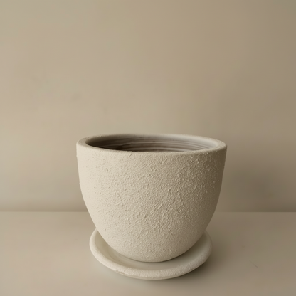White textured clay plant pot with saucer, 25cm, also available in 30cm and 40cm, off white tone