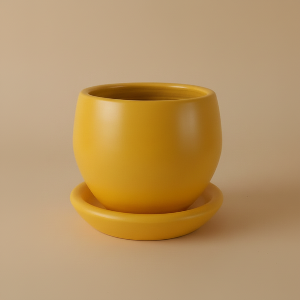 Yellow mustard curvy clay plant pot with saucer, 25cm, also available in 30cm and 40cm