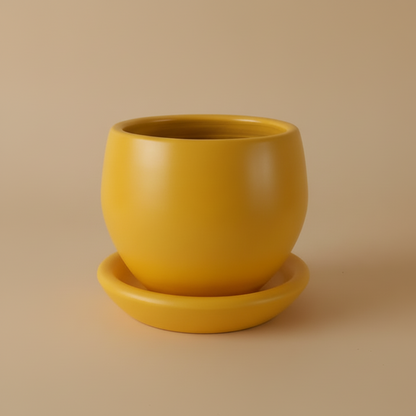 Yellow mustard curvy clay plant pot with saucer, 25cm, also available in 30cm and 40cm