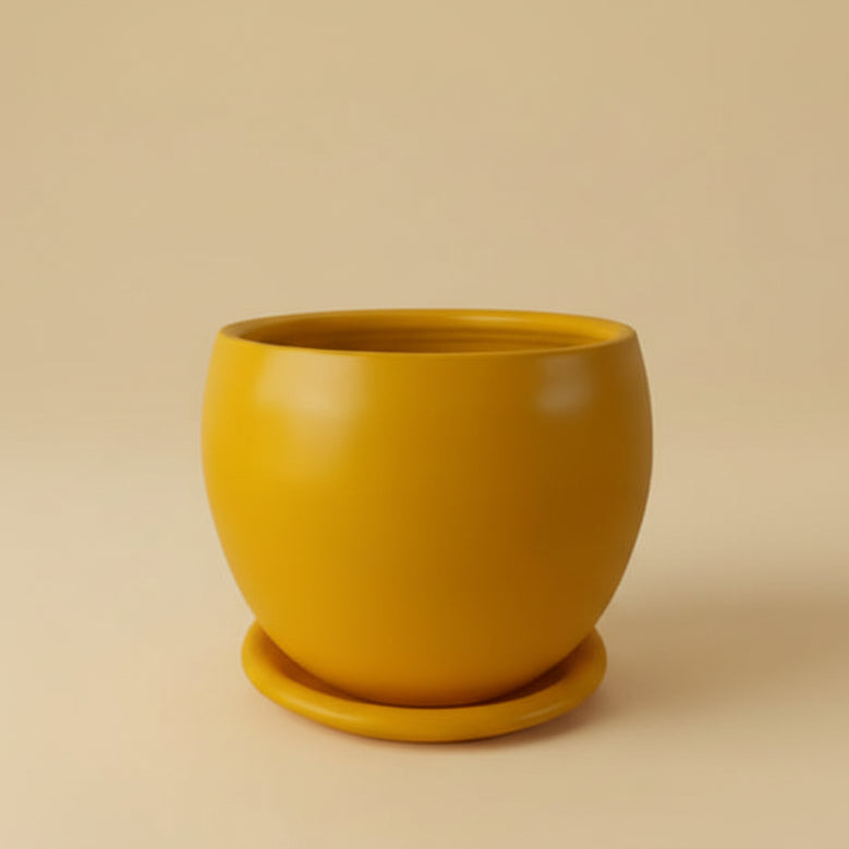 Yellow mustard curvy clay plant pot with saucer, 30cm, also available in 25cm and 40cm