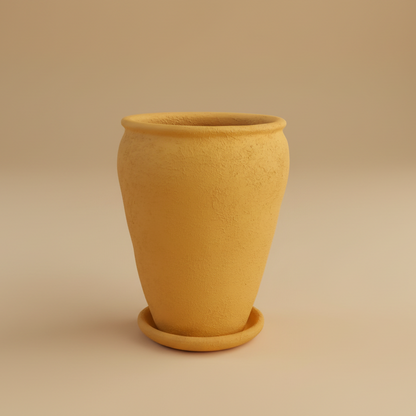 Yellow textured vintage clay planter with saucer, 65cm height and 50cm diameter, suitable for large indoor plants
